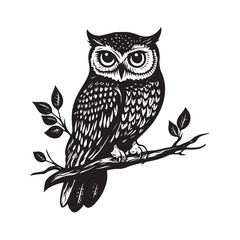 Owl sitting on branch silhouette, majestic nocturnal bird, peaceful forest night, elegant wildlife design, mysterious nature illustration, perched owl artwork, wild bird vector.