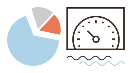 Blue, orange, and gray pie chart beside a speedometer with wave lines. Ideal for metrics, progress, performance, data analysis, business monitoring, reporting simple flat metaphor