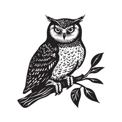 Owl sitting on branch silhouette, majestic nocturnal bird, peaceful forest night, elegant wildlife design, mysterious nature illustration, perched owl artwork, wild bird vector.