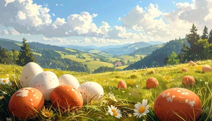 A lush, grassy meadow filled with speckled eggs under a bright blue sky