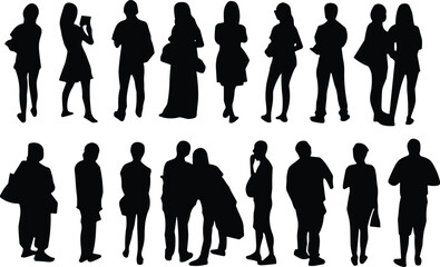 Silhouettes of 16 diverse people standing in various poses, fashion styles, accessories, and postures on white background for design use