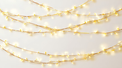 Gold Christmas garland on white background, new year light effect elements for banner, poster, flyer and xmas card. Horizontal yellow wires shining, led strips, vector illustration.