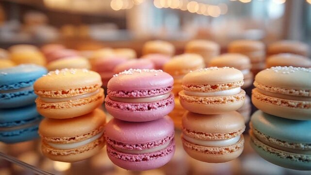 Colorful Macarons Displayed in a Bakery Window.