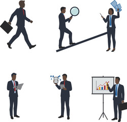 Vector business people teamwork illustration showing office workers with charts, laptops, briefcases, communication, leadership, growth, analysis and corporate success.
