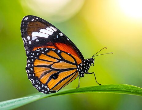 Orange and white butterfly on green leaf - Powered by Adobe