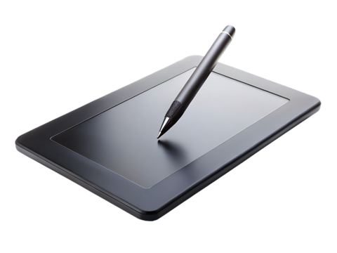  A Black Stylus Pen Resting on a Sleek Digital Drawing Tablet isolated on white  background ,PNG. AI Generated.