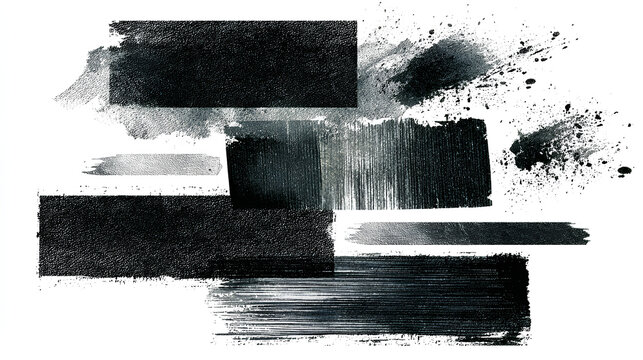 Grunge brush strokes in distressed ink texture and bold rectangle shapes. Monochrome paint splatter elements with rough edge and dry brush effect. Vector illustration. Stock Vector