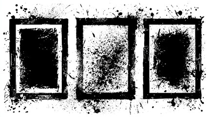 Grunge graffiti stencil frames with spray paint borders. Black vector rectangles and squares. Airbrushing paint banners, splatter ink shapes. Places for text or pictures. Graffiti spraypaint element. 