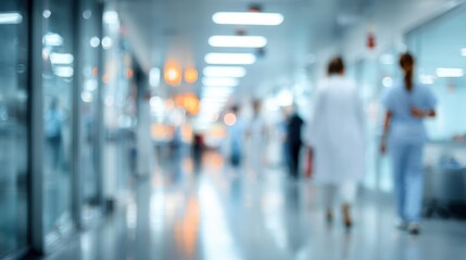 A blurred image of a modern hospital corridor, showcasing healthcare professionals in white coats and scrubs.