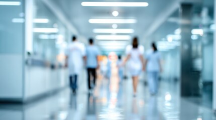 A blurred view of healthcare professionals walking down a modern hospital corridor, emphasizing teamwork in healthcare.