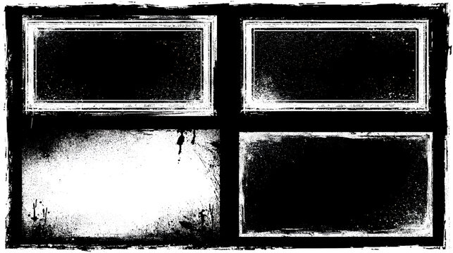 Grunge photo edge overlays set. Grunge punk frames with snow effect. Rectangular old rough edges with brush strokes and scratches. Realistic texture borders or frames for posters. Stock Vector