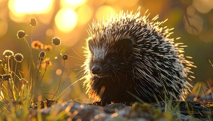 Close-up of a hedgehog illuminated by golden sunlight near tall plants