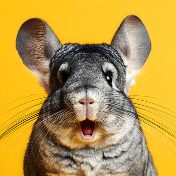 A Surprised Chinchilla With A Yellow Background. 