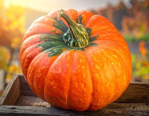 Orange pumpkin in rustic wooden crate. Autumnal backdrop