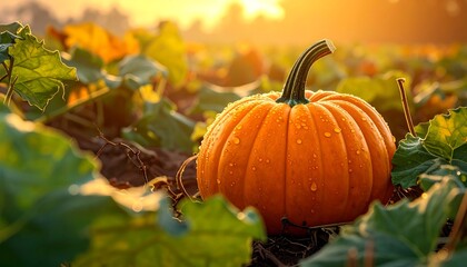 Orange pumpkin in a field at sunrise