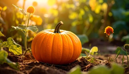 Orange pumpkin in sunlit garden bed