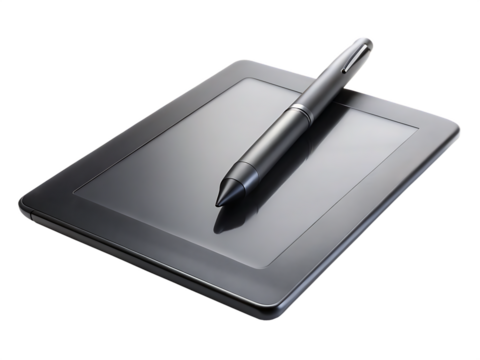 A Black Stylus Pen Resting on a Sleek Digital Drawing Tablet isolated on white background ,PNG. AI Generated.