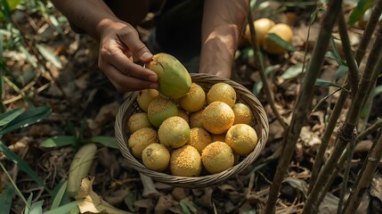 Freshly harvested bael fruits in woven basket held by farmer, showcasing organic produce and sustainable farming practices for healthy lifestyle brands