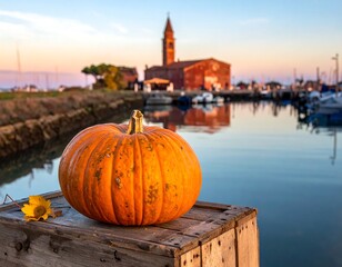 Orange pumpkin on wooden crate by water, autumnal scenery