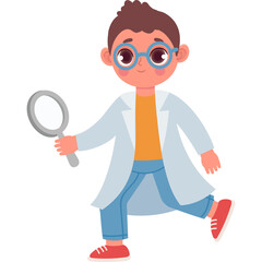 Cartoon boy scientist character wearing blue glasses white lab coat and orange shirt holding magnifying glass with transparent background