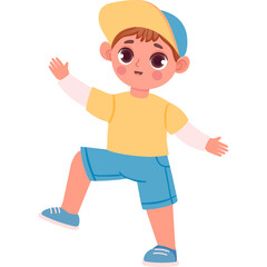 Cartoon Boy Wearing A Yellow T Shirt Blue Shorts And A Yellow Baseball Cap With White Sleeves And Blue Shoes In A White Background