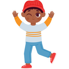 Cartoon Boy Wears Red Beanie And Blue Jeans With Orange Accents and Winks