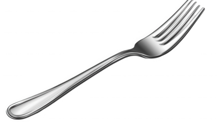 A shiny silver fork with four tines isolated against a solid black background in a studio shot on transparent background