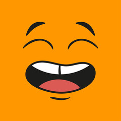 Cartoon Orange Face Expressing Joyful Laughter With Open Mouth and Closed Eyes Against a Simple Background