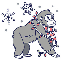 Winter Wonderland themed SVG: Silly Gorilla with wrapped in fairy lights in a Winter environment
