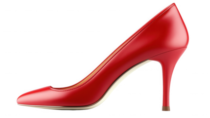 A single red high heel shoe with a stiletto heel is shown against a black background in a studio shot on transparent background