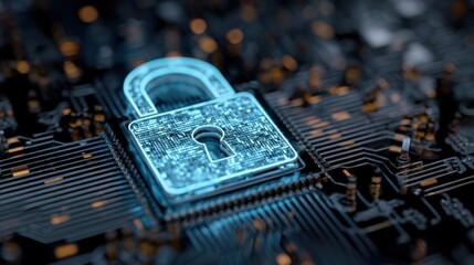 A digital lock icon superimposed on a futuristic circuit board, symbolizing cybersecurity and data protection.