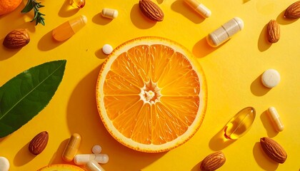 Orange slice, nuts, herbs, and supplements on a yellow background