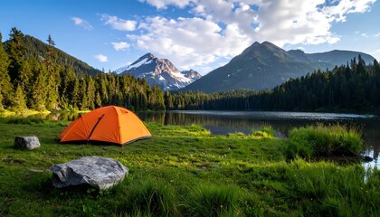 Orange tent by serene lake, mountains backdrop
