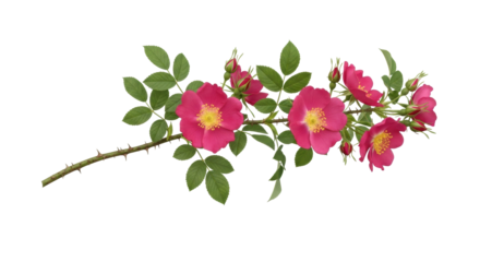Isolated magenta dog rose stem with green leaves, golden stamens, and thorns, ready to bloom