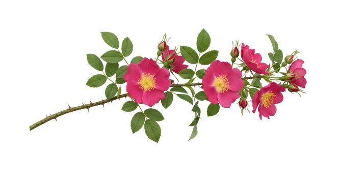 Isolated magenta dog rose stem with green leaves, golden stamens, and thorns, ready to bloom
