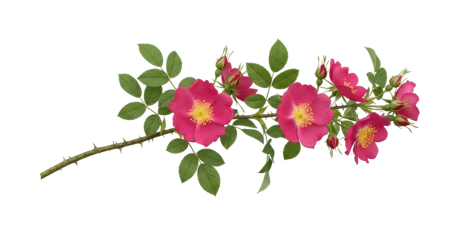 Isolated magenta dog rose stem with green leaves, golden stamens, and thorns, ready to bloom