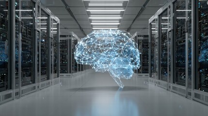 A futuristic representation of a brain made of digital connections in a high-tech data center environment.
