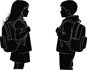 Silhouette of Two School Children with Backpacks Facing Each Other for Education, Student Interaction and Vector Art Illustration Design