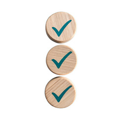 Three wooden discs with teal checkmarks in vertical alignment