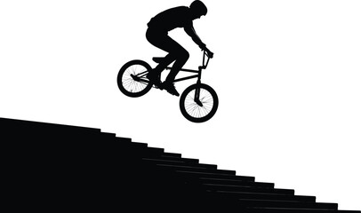Fototapeta premium Silhouette vector illustration of BMX cyclist performing daring jump over stairs, extreme sports trick action, urban freestyle stunt competition design