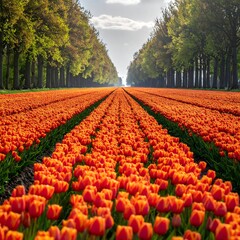 Orange tulip field, lined trees