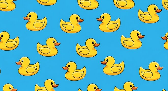 Seamless Pattern of Yellow Rubber Ducks Floating on a Blue Background.