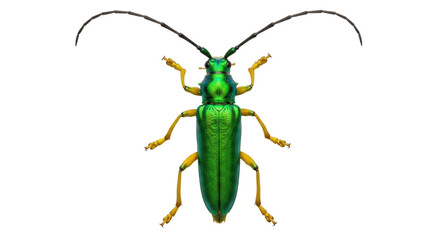Isolated insect longhorn beetle, vibrant green color, curved antennae, yellow legs and feet