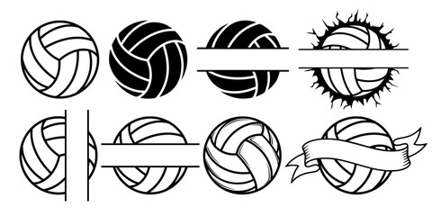 Volleyball Ball Design Vector Set Outline and Solid Silhouettes Split Monograms Ribbons, Sport Bundle