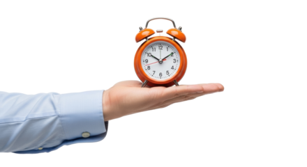 Isolated bright orange alarm clock on palm of male hand at 12 - 11, time management concept