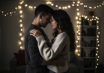 An intimate couple embracing in a romantically lit room at night. Man and woman sharing a tender moment with foreheads touching. Love and Valentine's Day concept