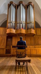Organist plays grand pipe organ in church