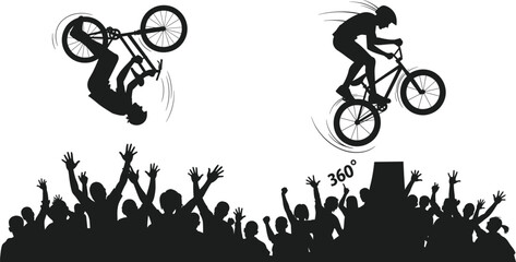 Fototapeta premium Silhouette vector of BMX cyclists performing backflip and 360-degree tricks in freestyle competition with cheering crowd audience, extreme action sport illustration.