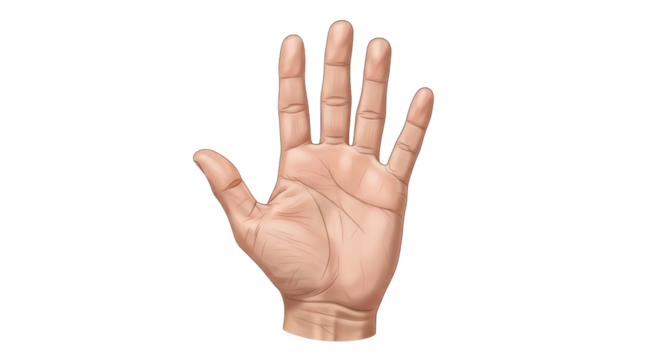 Isolated Caucasian human hand gesturing with fingers extended in the air, reaching out
