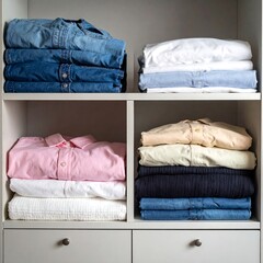Organized clothing stacks in light gray cabinets